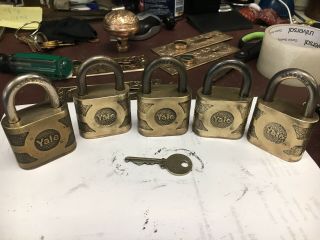 5 Vintage Old Large Heavy Brass Yale Padlock Lock With 1 Yale Key