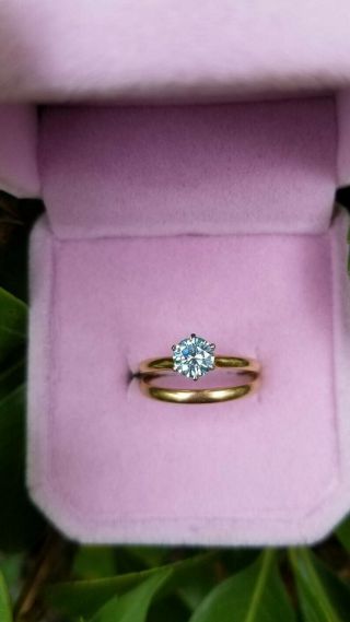 14k Vintage Yellow Solid Gold Engagement Ring Set With 5mm Blue Moissanite Sz6.  5