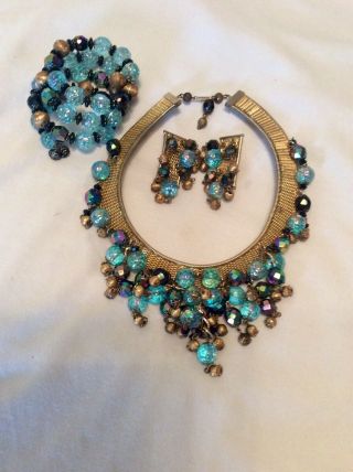 Vintage Hobe Parure Set Necklace,  Bracelet & Earrings - Blue Glass Dangle Beads