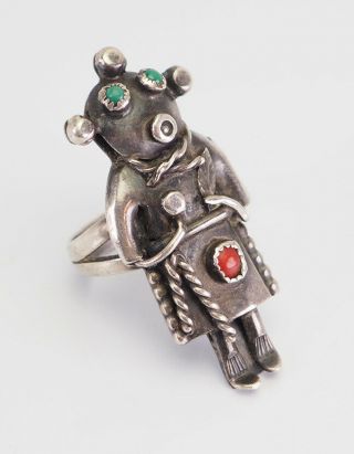 Vintage Signed Fp Native American Sterling Silver Gemstones Kachina Ring Sz 8