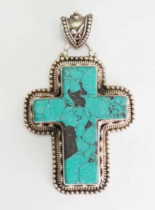Vintage Large Heavy Sterling Silver Turquoise Cross Pendant 35 Grams