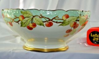 STUNNING Antique T&V Limoges Centerpiece Bowl Gilt Hand Painted Cherries Signed 2