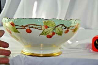STUNNING Antique T&V Limoges Centerpiece Bowl Gilt Hand Painted Cherries Signed 3