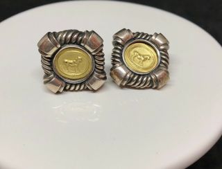 Vtg Esti Frederica Sterling Silver 18k Gold Coin Clip Earrings Horse Square Htf