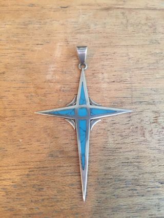 Vintage Sterling Silver Cross Turquoise Star Pendant Taxco Mexico Signed Reven