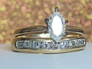 Vintage Estate 14k Gold Natural Diamond Wedding Ring Designer Signed Band Set