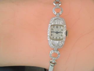 Vintage Ladies Art Deco 14k White Gold Diamond Encrusted Elgin Wristwatch Runs