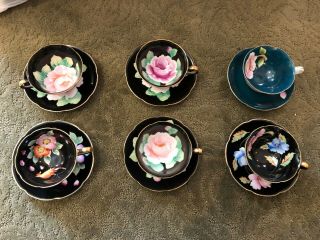 6 Black Vintage Made In Japan Hand Painted Floral Porcelain Tea Cups