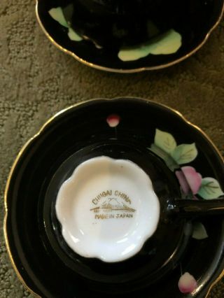 6 BLACK VINTAGE MADE IN JAPAN HAND PAINTED FLORAL PORCELAIN TEA CUPS 6