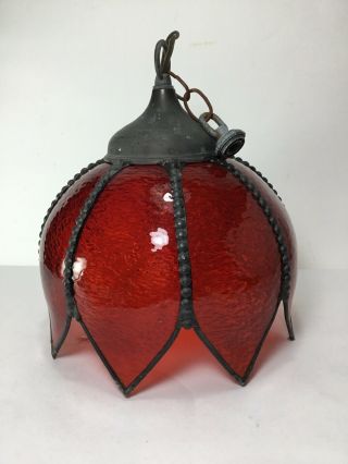 Vintage Tiffany Style Ruby Stained Glass Tulip Swag Hanging Lamp Light Fixture