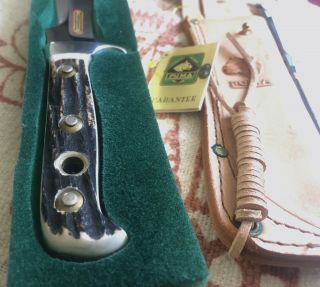 Vintage German Puma White Hunter Knife 6377 With Case Tag Paper Leather Sheath 6