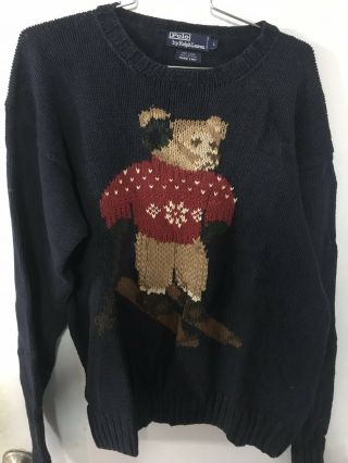 Ralph Lauren Polo Teddy Bear Blue Knit Sweater L Vintage