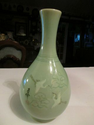 Vintage 7 " Japanese / Korean Green Celadon Crane Porcelain Pottery Vase Signed