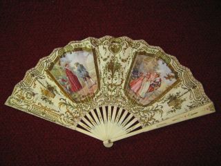 Vintage Hand Fan Hotel Knickerbocker Paris,  France Renassaince Scenes 7 - 7/8 "