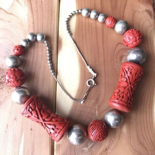 Vintage Chinese Cinnabar With Sterling Sliver 925 Beads Necklace 17”