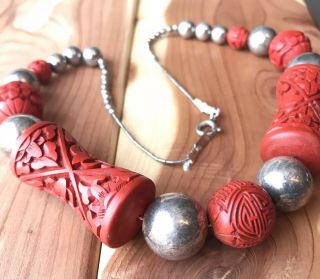 VINTAGE CHINESE CINNABAR WITH STERLING SLIVER 925 BEADS NECKLACE 17” 2