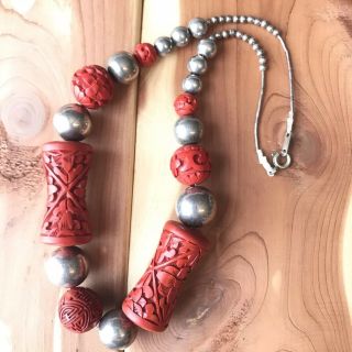 VINTAGE CHINESE CINNABAR WITH STERLING SLIVER 925 BEADS NECKLACE 17” 5