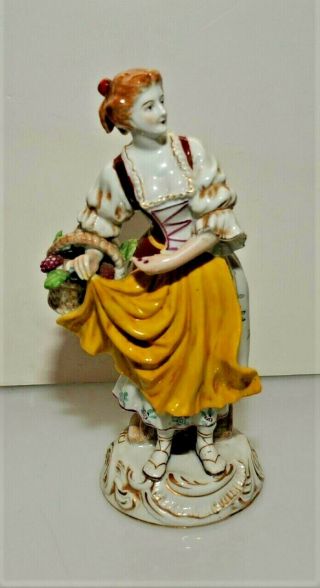 Vintage Dresden Porcelain Figurine 9 " Woman With Flower Basket Marked