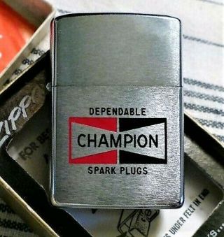 Vintage 1972 Nos Unlit Zippo Full Champion Spark Plugs Ad Lighter W/orig.  Box Nm