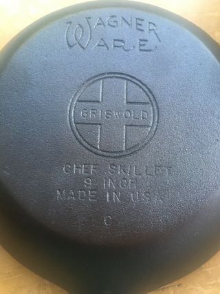 Vintage Double Marked Griswold & Wagner Ware 9 Inch Cast Iron Chef Skillet