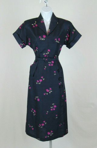 Vtg 1950s Prima York Blue Silk Floral Dress & Belt Buttons Magenta Flowers