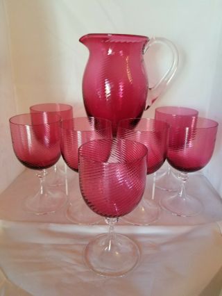 Vintage Venetian Cranberry Swirl Glass Pitcher And 7 Goblets - Funnel Stems - Mo