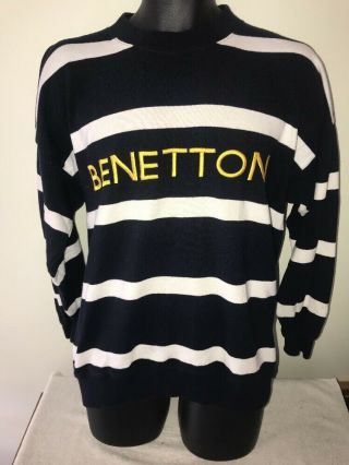 Vtg United Colors Of Benetton Sweatshirt Striped Blue Big Logo Medium
