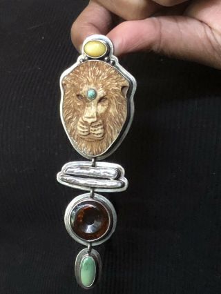 Vintage Tabra Lion - King 4” Sterling Pendant With Turquoise Amber And Pearls
