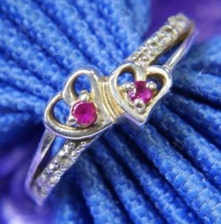 Two Hearts Rubies & Diamonds 0.  925 Sterling Silver Estate Promise Ring Size 8