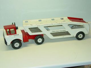 Vintage Mighty Tonka Car Carrier Semi Truck,  Pressed Steel,  Vehicle,  White Red