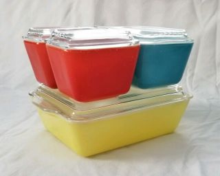 Vintage Pyrex Refrigerator Set Lids 8 Pc Red Blue Yellow Primary 501 502 503