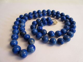 Vintage Lapis Lazuli 14k Yellow Gold Clasp Knotted Strand Bead Necklace 28 "