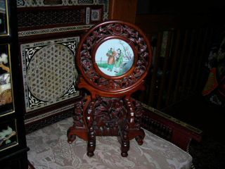 Lovely Vintage Chinese Scholars Porcelain Wood Table Screen 19x12x7