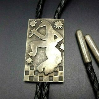 Rare Santa Fe Coyote Cafe Sterling Silver Bolo Tie,  Black Leather Braided Cord