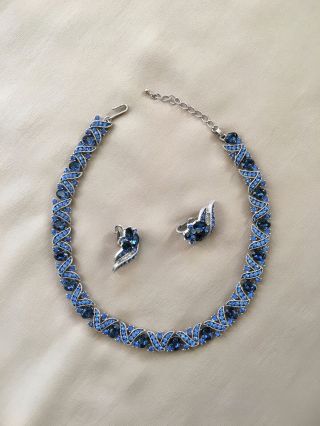 Luxurious Sparkly Vintage Crown Trifari Royal Blue Rhinestone Necklace Earrings