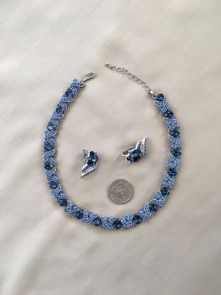 Luxurious Sparkly Vintage CROWN TRIFARI Royal Blue Rhinestone Necklace Earrings 2