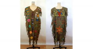 Vintage Campfire Girl Ceremonial Dress With Beads Patches And Pins 1960s
