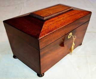 Mid 19th Century Sarcophagus Shaped Tea Caddy With Key And Mixing Bowl