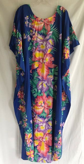 Vtg Hawaiian Aloha Dress Kaftan Muumuu Accordion Pleat One Size Floral Tiki 2