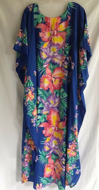 Vtg Hawaiian Aloha Dress Kaftan Muumuu Accordion Pleat One Size Floral Tiki 5