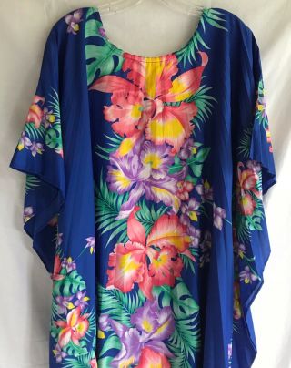 Vtg Hawaiian Aloha Dress Kaftan Muumuu Accordion Pleat One Size Floral Tiki 6