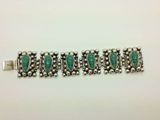 Mexican Bracelet - Sterling Silver Carved Green Onyx Face Links