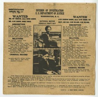 Bonnie And Clyde - Vintage Fbi Issued Wanted Notice - U.  S.  Doj,  Washington,  Dc