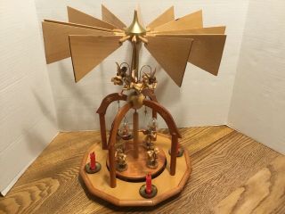 Vtg Erzgebirge German Christmas Pyramid Candle Carousel Glass Bells Angel Chime