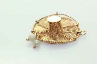 Vintage 14k Gold 3d Bonnet Summer Hat Charm Pendant 14kt Pearls