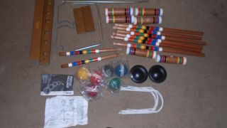 Vintage Forster Wood Croquet Set Mallets Balls Wickets Stakes Cart