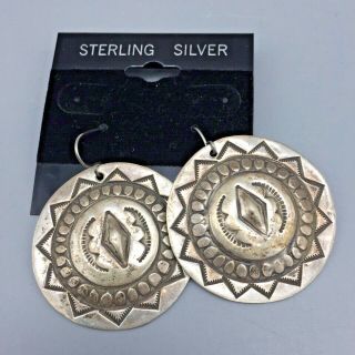 Vintage Hand Stamped Sterling Silver,  Concho Style Earrings