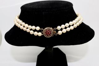 A Vintage 9ct Gold & Garnet Clasped Double Strand Cultured Pearls 13783 2