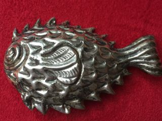 VINTAGE 1940’s MODERNIST STERLING SILVER PUFFER FISH BROOCH PIN MEXICO 5