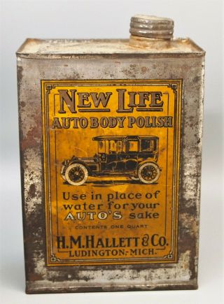 Vintage Life Auto Body Polish Tin,  H.  M.  Hallett & Co.  Ludington,  Michigan